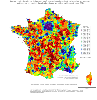 Part de professions intermédiaires et supérieures (hors chefs d'entreprise) chez les hommes actifs ayant un emploi - bv2014
Mots-clés: profession;sexe;hommes;classes supérieures;bassins de vie