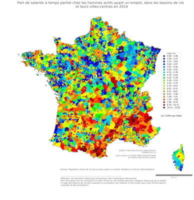 Part de salariés à temps partiel chez les hommes actifs ayant un emploi - bv2014
Mots-clés: conditions de travail et d-emploi;sexe;hommes;bassins de vie