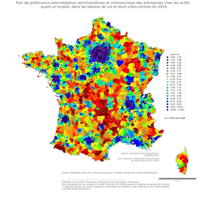 Part de professions intermédiaires administratives et commerciales des entreprises chez les actifs ayant un emploi - bv2014
Mots-clés: profession;bassins de vie