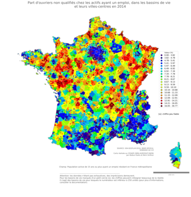 Part d'ouvriers non qualifiés chez les actifs ayant un emploi - bv2014
Mots-clés: profession;classes populaires;bassins de vie