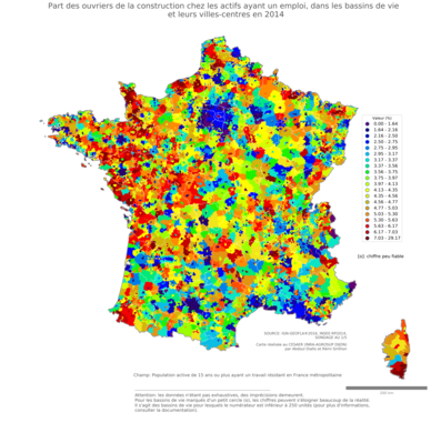 Part des ouvriers de la construction chez les actifs ayant un emploi - bv2014
Mots-clés: profession;secteur d-activité;bassins de vie