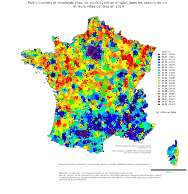 Part d'ouvriers et employés chez les actifs ayant un emploi - bv2014
Mots-clés: profession;sexe;femmes;classes populaires;bassins de vie