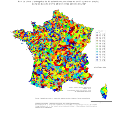 Part de chefs d'entreprise de 10 salariés ou plus chez les actifs ayant un emploi - bv2014
Mots-clés: profession;classes supérieures;fonction publique ou indépendance;bassins de vie