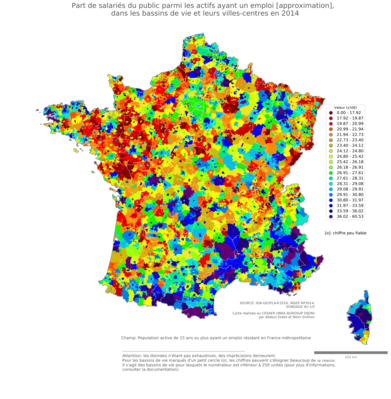 Part de salariés du public parmi les actifs ayant un emploi [approximation] - bv2014
Mots-clés: profession;sexe;femmes;fonction publique ou indépendance;bassins de vie