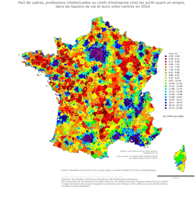 Part de cadres, professions intellectuelles ou chefs d'entreprise chez les actifs ayant un emploi - bv2014
Mots-clés: profession;classes supérieures;bassins de vie