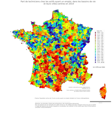 Part de techniciens chez les actifs ayant un emploi - bv2014
Mots-clés: profession;bassins de vie