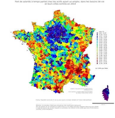 Part de salariés à temps partiel chez les actifs ayant un emploi - bv2014
Mots-clés: conditions de travail et d-emploi;bassins de vie