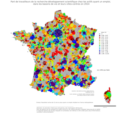 Part de travailleurs de la recherche'développement scientifique chez les actifs ayant un emploi - bv2014
Mots-clés: secteur d-activité;bassins de vie