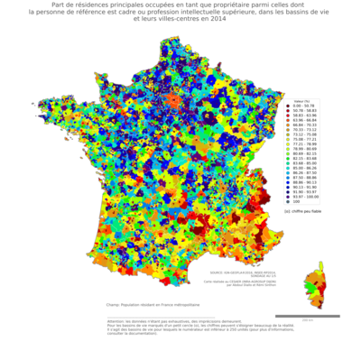 Part de résidences principales occupées en tant que propriétaire parmi celles dont la personne de référence est cadre ou profession intellectuelle supérieure - bv2014
Mots-clés: résidence et logement;profession;conditions d-existence;classes supérieures;bassins de vie