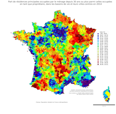 Part de résidences principales occupées par le ménage depuis 30 ans ou plus parmi celles occupées en tant que propriétaire - bv2014
Mots-clés: résidence et logement;conditions d-existence;bassins de vie