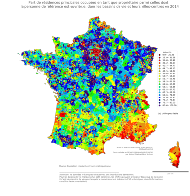 Part de résidences principales occupées en tant que propriétaire parmi celles dont la personne de référence est ouvrièr.e - bv2014
Mots-clés: résidence et logement;profession;conditions d-existence;classes populaires;bassins de vie