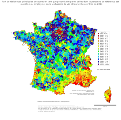 Part de résidences principales occupées en tant que propriétaire parmi celles dont la personne de référence est ouvrièr.e ou employé.e - bv2014
Mots-clés: résidence et logement;profession;conditions d-existence;classes populaires;bassins de vie