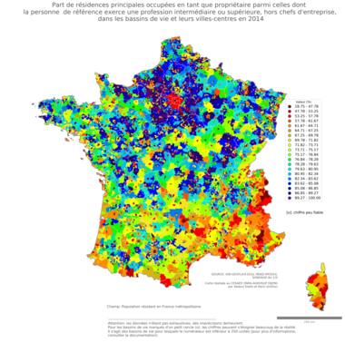 Part de résidences principales occupées en tant que propriétaire parmi celles dont la personne de référence exerce une profession intermédiaire ou supérieure, hors chefs d'entreprise - bv2014
Mots-clés: résidence et logement;profession;conditions d-existence;classes supérieures;bassins de vie