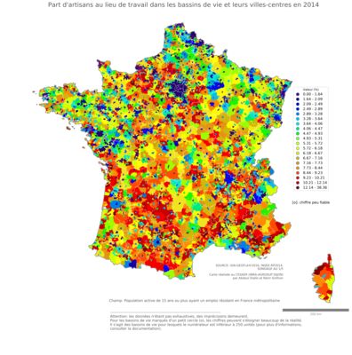 Part d'artisans au lieu de travail - bv2014
Mots-clés: profession;lieu de travail;fonction publique ou indépendance;bassins de vie