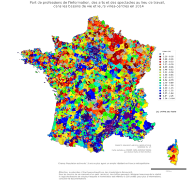 Part de professions de l'information, des arts et des spectacles au lieu de travail - bv2014
Mots-clés: profession;lieu de travail;classes supérieures;bassins de vie