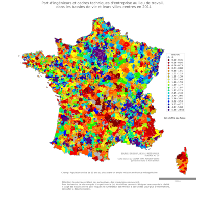 Part d'ingénieurs et cadres techniques d'entreprise au lieu de travail - bv2014
Mots-clés: profession;lieu de travail;classes supérieures;bassins de vie