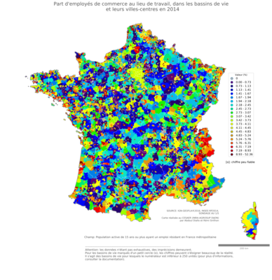 Part d'employés de commerce au lieu de travail - bv2014
Mots-clés: profession;lieu de travail;classes populaires;bassins de vie