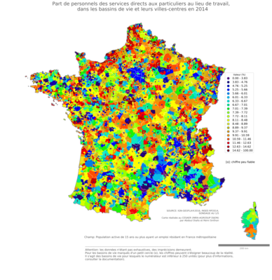 Part de personnels des services directs aux particuliers au lieu de travail - bv2014
Mots-clés: profession;lieu de travail;classes populaires;bassins de vie