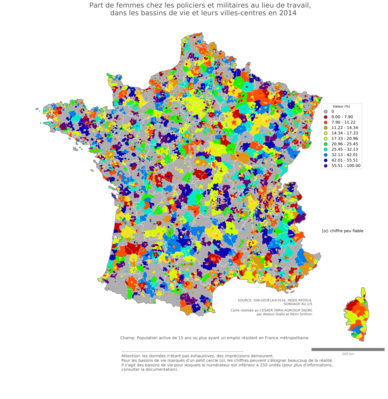 Part de femmes chez les policiers et militaires au lieu de travail - bv2014
Mots-clés: profession;sexe;femmes;lieu de travail;bassins de vie