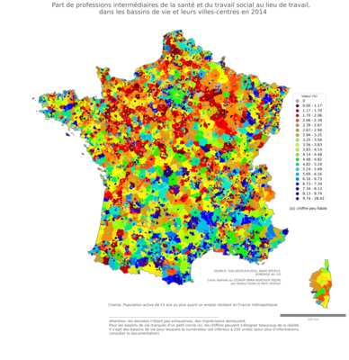 Part de professions intermédiaires de la santé et du travail social au lieu de travail - bv2014
Mots-clés: profession;lieu de travail;bassins de vie