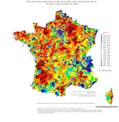 Part d'ouvriers agricoles au lieu de travail - bv2014
Mots-clés: profession;lieu de travail;classes populaires;bassins de vie