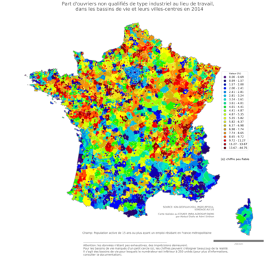 Part d'ouvriers non qualifiés de type industriel au lieu de travail - bv2014
Mots-clés: profession;lieu de travail;classes populaires;bassins de vie