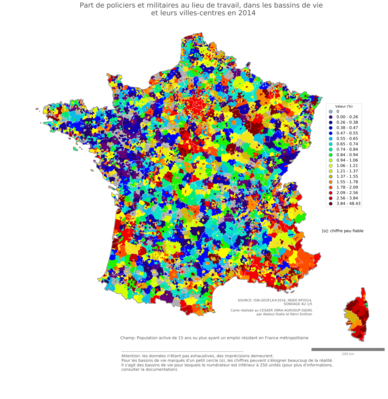 Part de policiers et militaires au lieu de travail - bv2014
Mots-clés: profession;lieu de travail;classes populaires;bassins de vie