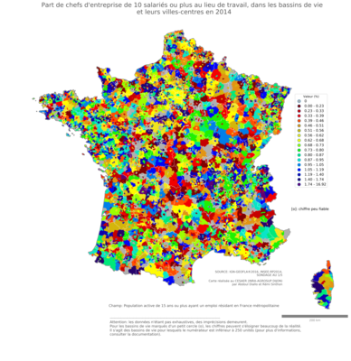 Part de chefs d'entreprise de 10 salariés ou plus au lieu de travail - bv2014
Mots-clés: profession;lieu de travail;classes supérieures;fonction publique ou indépendance;bassins de vie