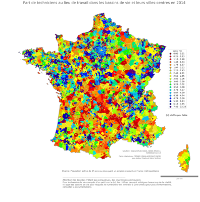 Part de techniciens au lieu de travail - bv2014
Mots-clés: profession;lieu de travail;bassins de vie