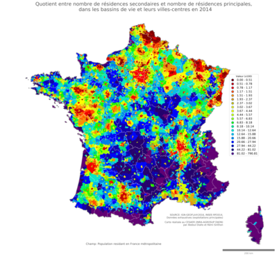 Quotient entre nombre de résidences secondaires et nombre de résidences principales - bv2014
Mots-clés: ;bassins de vie