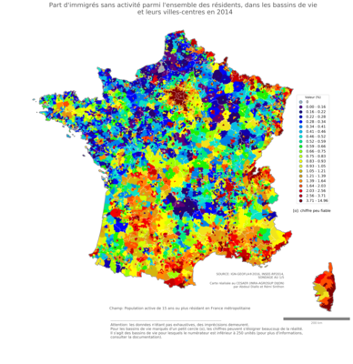 Part d'immigrés sans activité parmi l'ensemble des résidents - bv2014
Mots-clés: immigration;chômage;classes populaires;bassins de vie