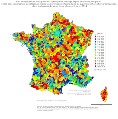 Part de résidences principales occupées par le ménage depuis 30 ans ou plus parmi celles dont la personne de référence exerce une profession intermédiaire ou supérieure (hors chefs d'entreprise) - bv2014
Mots-clés: résidence et logement;profession;classes supérieures;bassins de vie