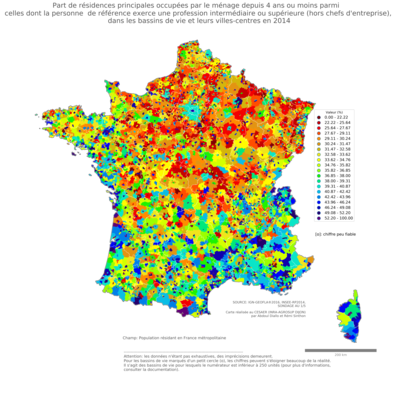 Part de résidences principales occupées par le ménage depuis 4 ans ou moins parmi celles dont la personne de référence exerce une profession intermédiaire ou supérieure (hors chefs d'entreprise) - bv2014
Mots-clés: résidence et logement;profession;classes supérieures;bassins de vie