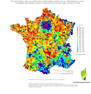 Part d'immigrés cadres et professions intellectuelles supérieures ou intermédiaires parmi l'ensemble des résidents - bv2014
Mots-clés: immigration;profession;classes supérieures;bassins de vie