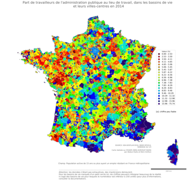 Part de travailleurs de l'administration publique au lieu de travail - bv2014
Mots-clés: secteur d-activité;lieu de travail;fonction publique ou indépendance;bassins de vie