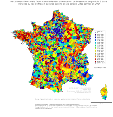 Part de travailleurs de la fabrication de denrées alimentaires, de boissons et de produits à base de tabac au lieu de travail - bv2014
Mots-clés: secteur d-activité;lieu de travail;bassins de vie