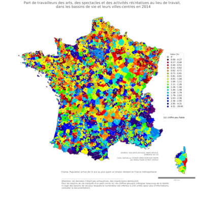 Part de travailleurs des arts, des spectacles et des activités récréatives au lieu de travail - bv2014
Mots-clés: secteur d-activité;lieu de travail;bassins de vie