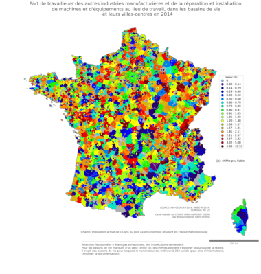 Part de travailleurs des autres industries manufacturières et de la réparation et installation de machines et d'équipements au lieu de travail - bv2014
Mots-clés: secteur d-activité;lieu de travail;bassins de vie