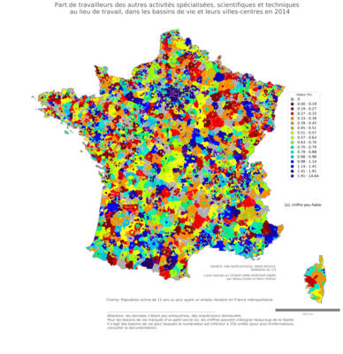 Part de travailleurs des autres activités spécialisées, scientifiques et techniques au lieu de travail - bv2014
Mots-clés: secteur d-activité;lieu de travail;bassins de vie