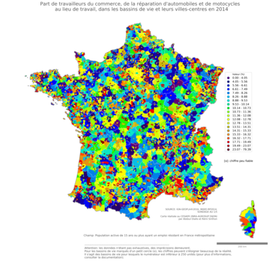 Part de travailleurs du commerce, de la réparation d'automobiles et de motocycles au lieu de travail - bv2014
Mots-clés: secteur d-activité;lieu de travail;bassins de vie