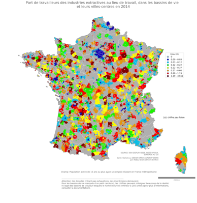 Part de travailleurs des industries extractives au lieu de travail - bv2014
Mots-clés: secteur d-activité;lieu de travail;bassins de vie