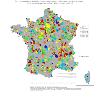 Part de travailleurs de la fabrication d'équipements électriques au lieu de travail - bv2014
Mots-clés: secteur d-activité;lieu de travail;bassins de vie