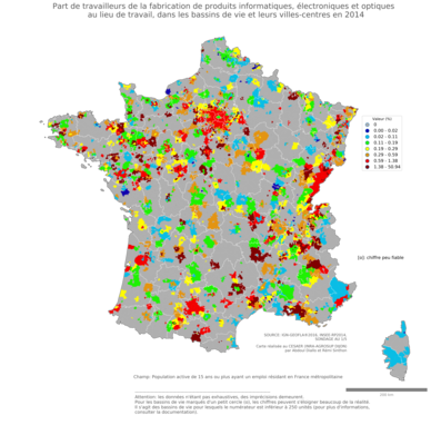 Part de travailleurs de la fabrication de produits informatiques, électroniques et optiques au lieu de travail - bv2014
Mots-clés: secteur d-activité;lieu de travail;bassins de vie