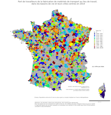 Part de travailleurs de la fabrication de matériels de transport au lieu de travail - bv2014
Mots-clés: secteur d-activité;lieu de travail;bassins de vie