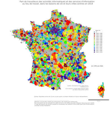 Part de travailleurs des activités informatiques et des services d'information au lieu de travail - bv2014
Mots-clés: secteur d-activité;lieu de travail;bassins de vie