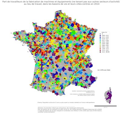 Part de travailleurs de la fabrication de machines et équipements (ne tenant pas aux autres secteurs d'activité) au lieu de travail - bv2014
Mots-clés: secteur d-activité;lieu de travail;bassins de vie