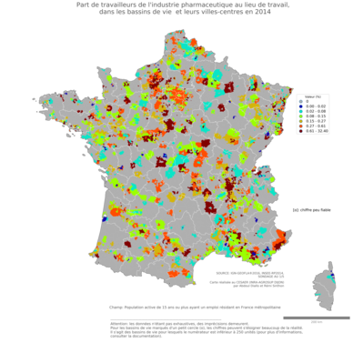 Part de travailleurs de l'industrie pharmaceutique au lieu de travail - bv2014
Mots-clés: secteur d-activité;lieu de travail;bassins de vie