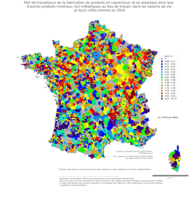 Part de travailleurs de la fabrication de produits en caoutchouc et en plastique ainsi que d'autres produits minéraux non métalliques au lieu de travail - bv2014
Mots-clés: secteur d-activité;lieu de travail;bassins de vie