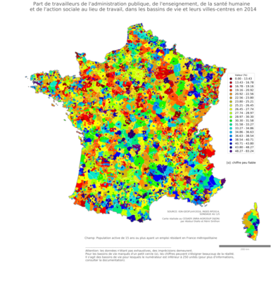 Part de travailleurs de l'administration publique, de l'enseignement, de la santé humaine et de l'action sociale au lieu de travail - bv2014
Mots-clés: secteur d-activité;lieu de travail;fonction publique ou indépendance;bassins de vie