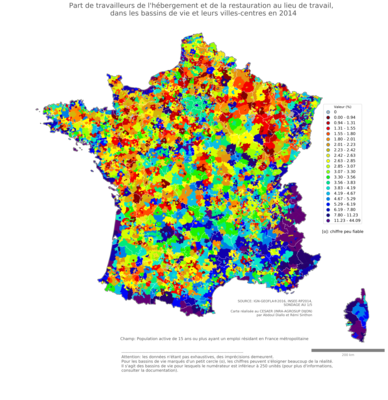 Part de travailleurs de l'hébergement et de la restauration au lieu de travail - bv2014
Mots-clés: secteur d-activité;lieu de travail;bassins de vie